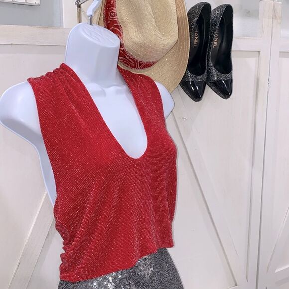 Bar lll Holiday Party Cherry On Top Red With Metallic Silver Stitch Halter Top - Picture 14 of 14